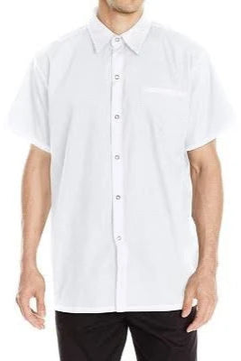 Person wearing a white short-sleeve button-up shirt on a white background