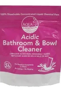 Pink and white bag of Aqua Chemicals Acidic Bathroom & Bowl Cleaner on a white background