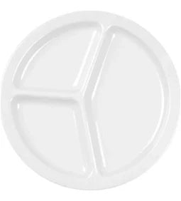 White plastic plate with three compartments on a white background