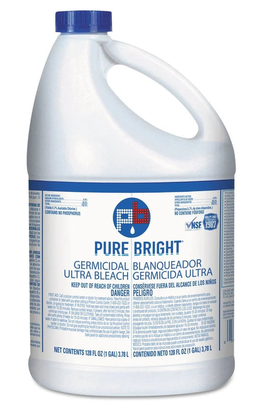 Gallon container of Pure Bright Ultra Bleach on a white background